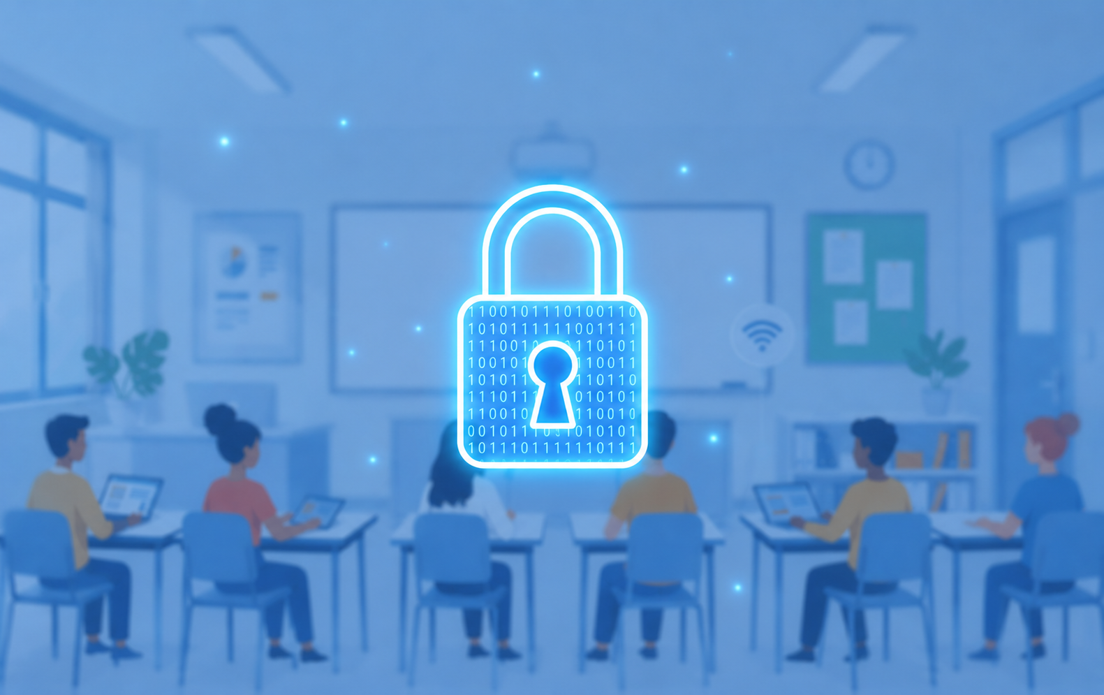 A glowing digital padlock icon floating over a softly blurred background of a classroom, representing robust data security.